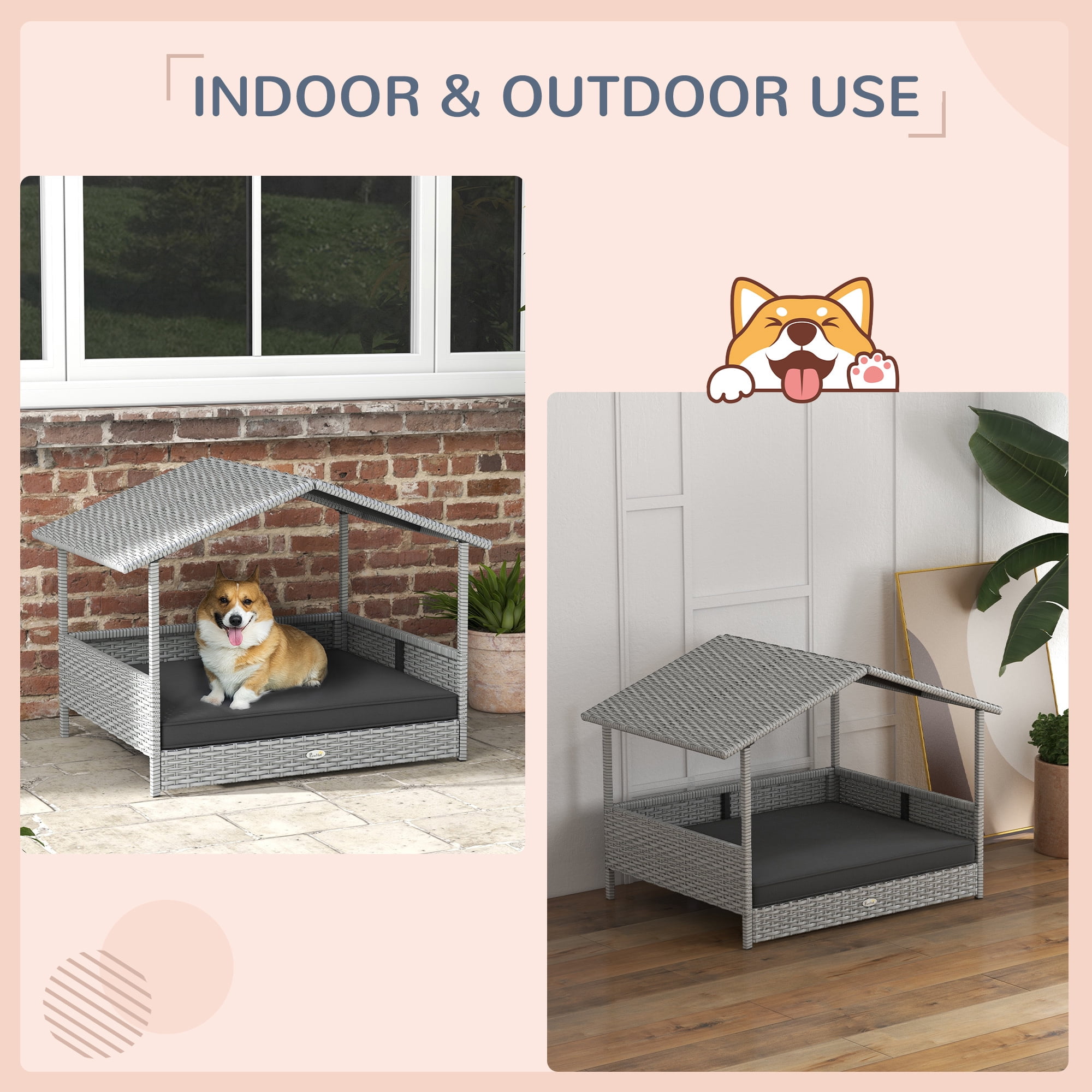 YIYADO Wicker Outdoor Dog Bed with Canopy, Rattan Dog House with Water-Resistant Cushion, Gray
