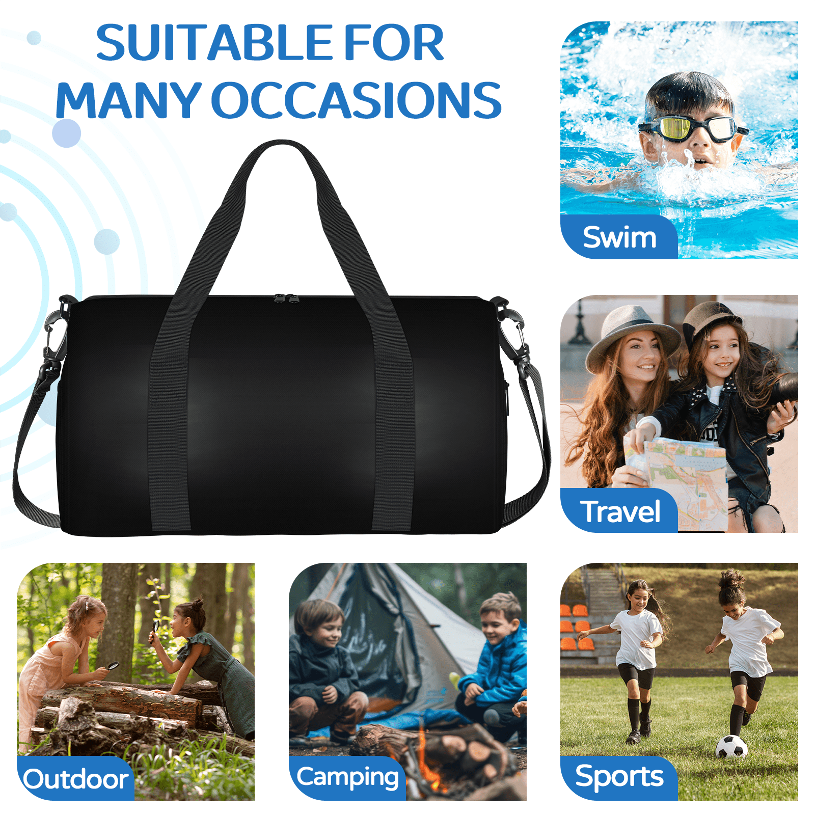Herdesigns Black Travel Duffle Bag Sports Yoga Weekender Overnight Carry on Workout Bags Lightweight Waterproof Gym Tote Bag for Women