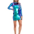 thumbnail image 2 of One opening Women Juniors Leather Bodycon Mini Dress Shiny Metallic Long Sleeve Round Neck Club Dress, 2 of 8