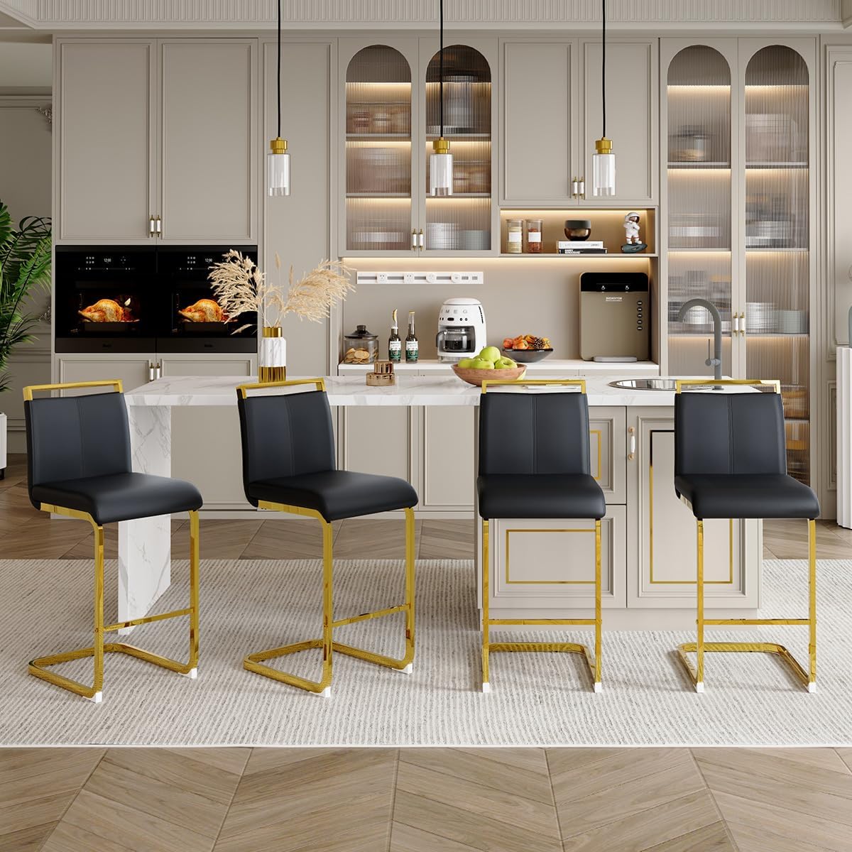 Lecut Modern Counter Height Bar Stools Set of 2, Leather Upholstered Bar Stools with Back and Gold Metal Frame,Bar Stools for Kitchen Island,Pub,Bar,Black