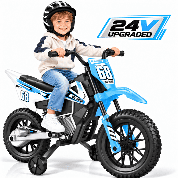 24V Kids Ride-On Motorcycle with Training Wheels, Dual Motors, 2-4 MPH Twist-Grip Throttle, Rear Suspension, Bluetooth Music, Battery Display, Motocross Style Electric Motorbike, Ages 3-8, Blue