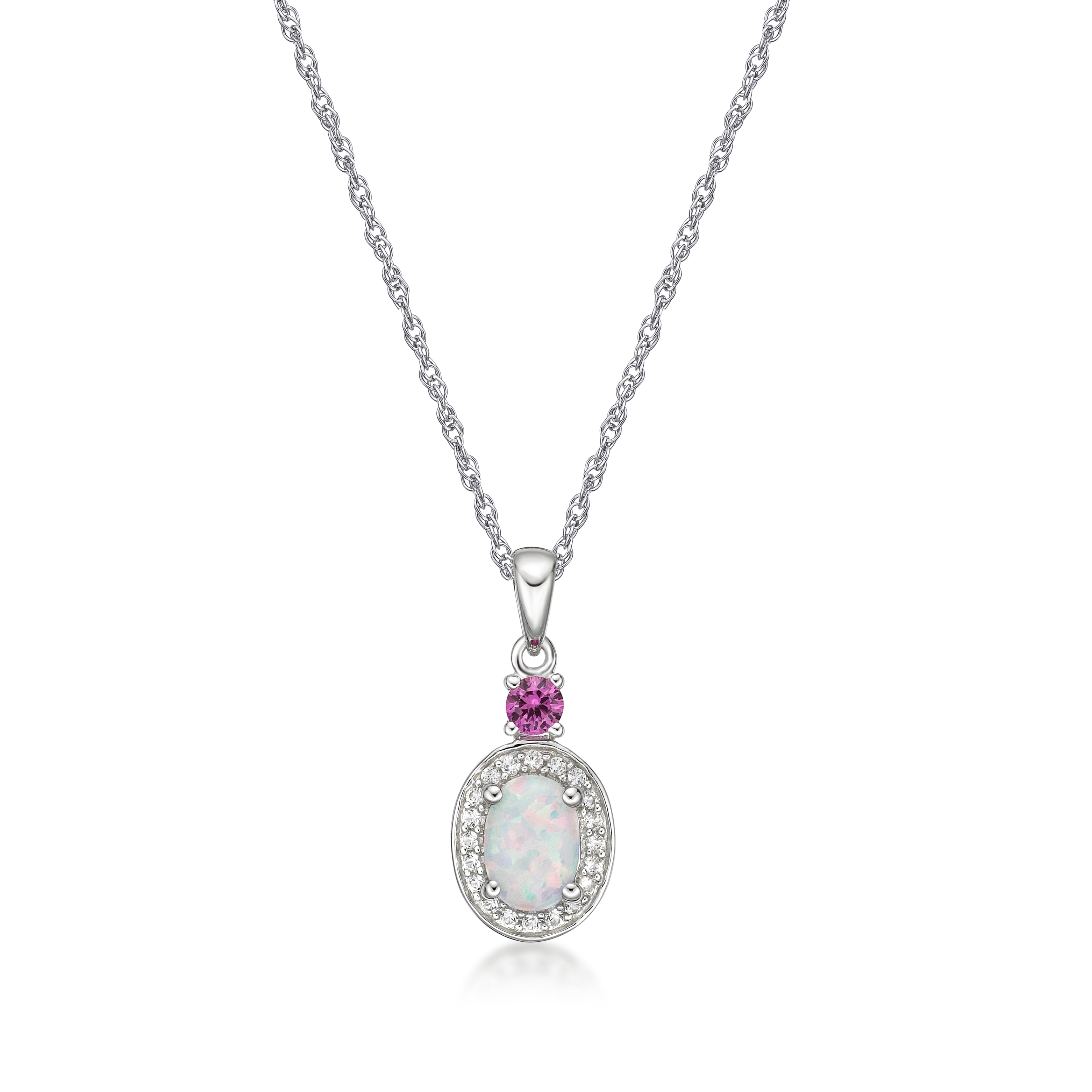 Brilliance Fine Jewelry 925 Sterling Silver Oval Lab Created Opal, Pink  Sapphire and White Sapphire Pendant, 18 Chain
