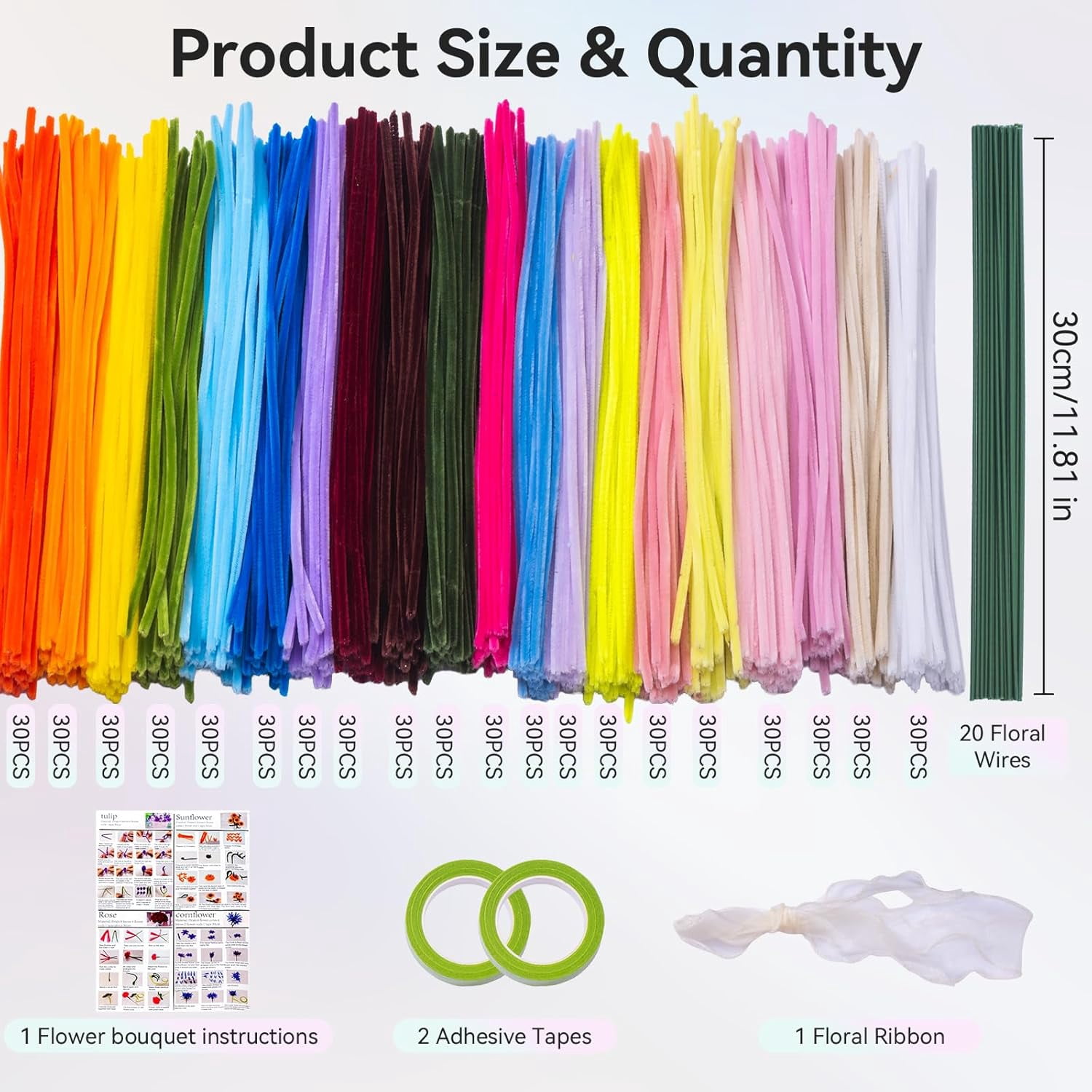 Pipe Cleaners Flower Kit, 600Pcs Chenille Stems, 20 Assorted Colors 30Pcs/Color Soft Bendable Fuzzy Craft Sticks, All-in-One DIY Supplies for Adults, Holiday Decor and Bouquet Making