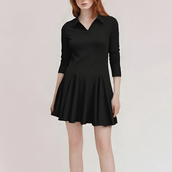 Zedker Dresses for Women V Neck Long Sleeve Fall Lapel Collared Button Casual Knit Dresses A line Dress Plus Size Black L
