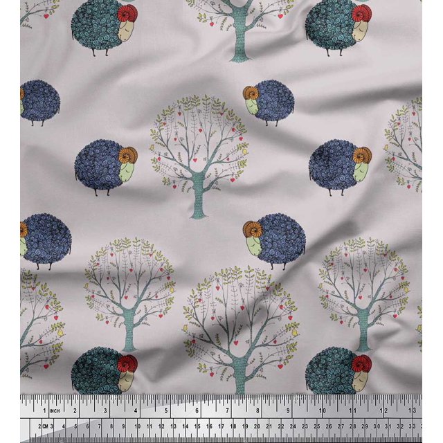 Soimoi Moss Georgette Fabric Tree & Sheep Animal Print Sewing Fabric Yard 42 Inch Wide
