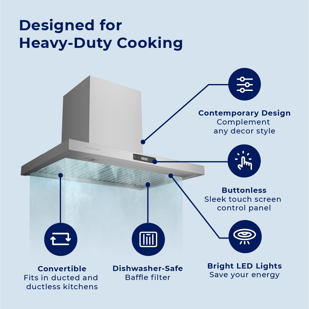 Hauslane WM-540 30” Wall Mount Range Hood Contemporary Stainless Steel Low Noise, Full-Size Handles, Baffle Filters, LED Lamps | 120V