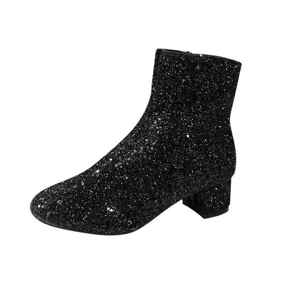 Black Sequined Ankle Boots For Women Round Toe Side Zipper Chunky Low Heel Comfortable Mid-Calf Boots Ideal For Party And Special Events