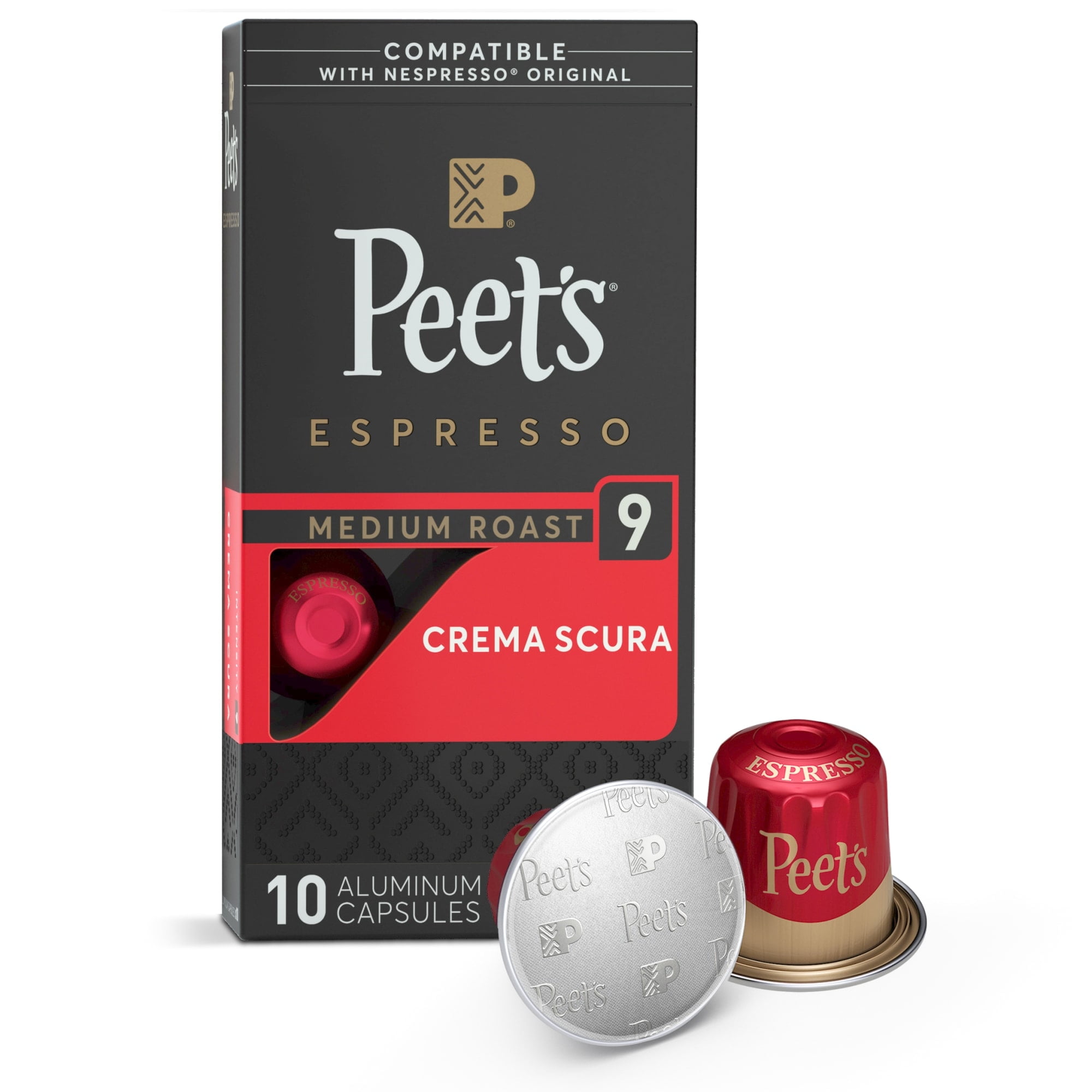 Peet's Coffee Crema Scura Premium Medium Roast Intensity 9 Espresso Coffee Pods, 10 Count