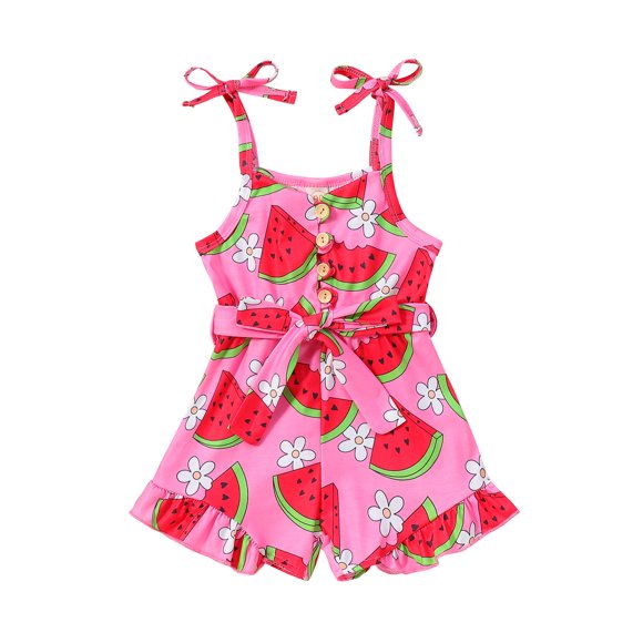 EYIIYE Combinaisons d'Été une Pièce pour Bébé Fille 1T 2T 3T 4T 5T Combinaisons Sans Manches à Bretelles Imprimé Pastèque Shorts Ceinturés Vêtements Mignons pour Vacances Quotidiennes Fête