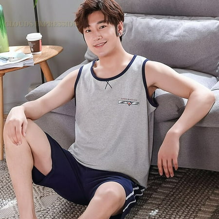 

QWZNDZGR Summer Men Pyjamas 100%Cotton Striped Pajamas Set Casual Sleeveless Sleepwear Pyjamas Night Suits Pijamas Plus Size 4XL Home PJ