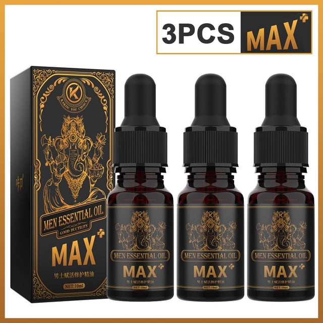 aceite para agrandar el pene para hombres, engrosamiento del pene, aumento del crecimiento, erección mejorada, retraso de eyaculación, aceite para pene grande — Vista frontal centrada de tres frascos de 10 ml con cuentagotas negros y etiquetas negras con detalles dorados que muestran el texto 'MAX' y un motivo ornamental; caja negra a la izquierda con diseño dorado a juego sobre fondo blanco; presentado como aceite esencial masculino para masaje y complemento de bienestar sexual.