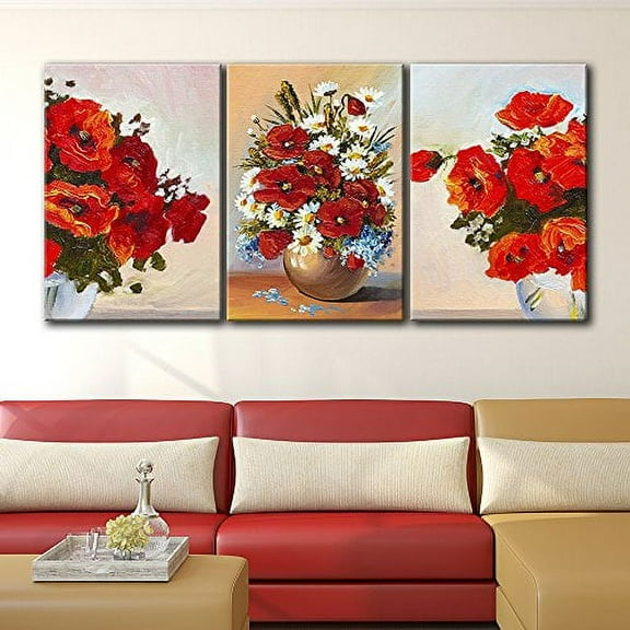 wall26 Canvas Print Wall Art Set Vibrant Red & White Flowers in Vases Nature Floral Illustrations Realism Rustic Scenic Colorful Wilderness for Living Room, Bedroom, Office - 24"x36"x3