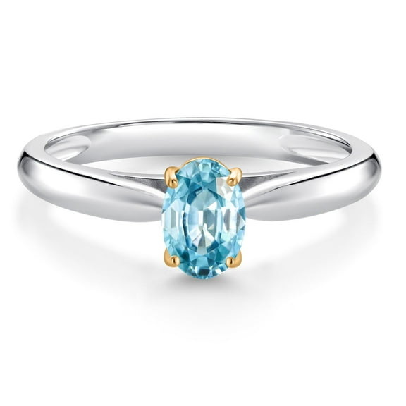 Gem Stone King 0.65 Ct Oval Blue Zircon 10K White and Yellow Gold Solitaire Engagement Ring (Size 9)
