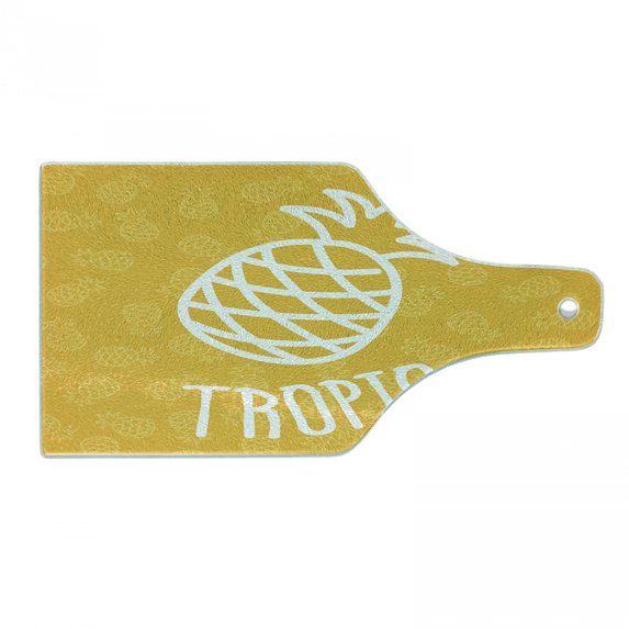 Yellow Cutting Board, Little Tropical Exotic Pineapples Hawaiian Fun Summertime Seasonal, Decorative Tempered Glass Cutting and Serving Board, Wine Bottle Shape, Yellow White, by Ambesonne