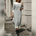 thumbnail image 5 of IDOPIP Womens 2024 Fall Striped Sweater Dresses Long Sleeve Crew Neck Slim Knit Midi Dress S White, 5 of 7