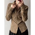 thumbnail image 4 of Camisa de Larga con Solapa para Mujer, y Sencilla, de Color Liso, con Cintura Ceñida Marrón M, 4 of 8