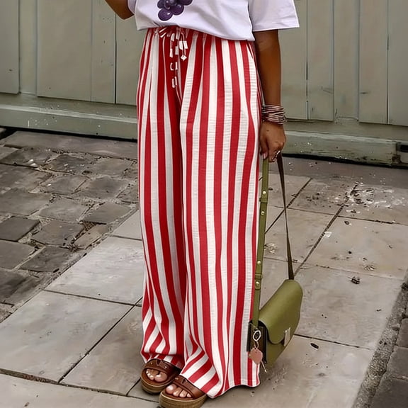 Womens Pants Colorblock Stripe Print Trousers Loose Straight Casual Summer Fall Work Pants Women Brick Red L