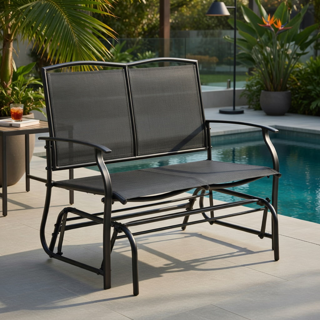 Hommoo Heavy-Duty Steel Outdoor Rocking Loveseat Chair, Textilene Patio Rocker for Backyard, Lawn, Deck or Indoor Use, Black