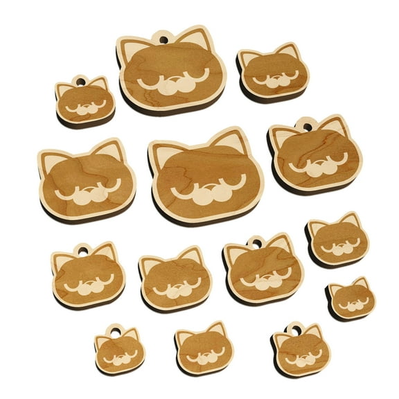 Round Cat Face Bored Wood Mini Charms Shapes DIY Craft Jewelry - With Hole - Various Sizes (16pcs)