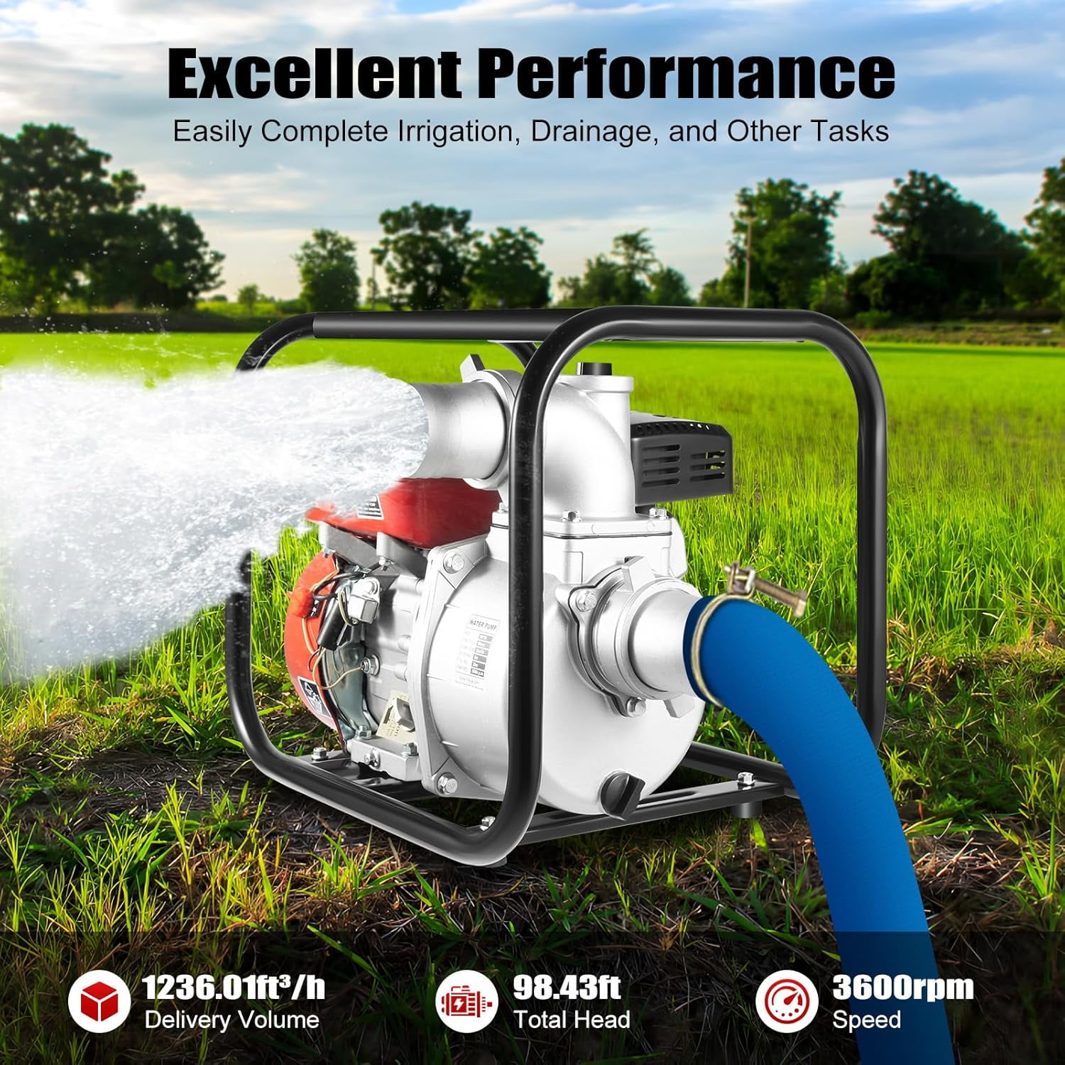 Miumaeov 3 Inch 7.5HP Trash Pump, 4 Stroke 212CC Gas Powered Water Pump, 1236.01Ft³/H Delivery Volume, 26.25Ft Suction Height with 7.5m Water Pipe for Garden Irrigation, Greenhouse Planting