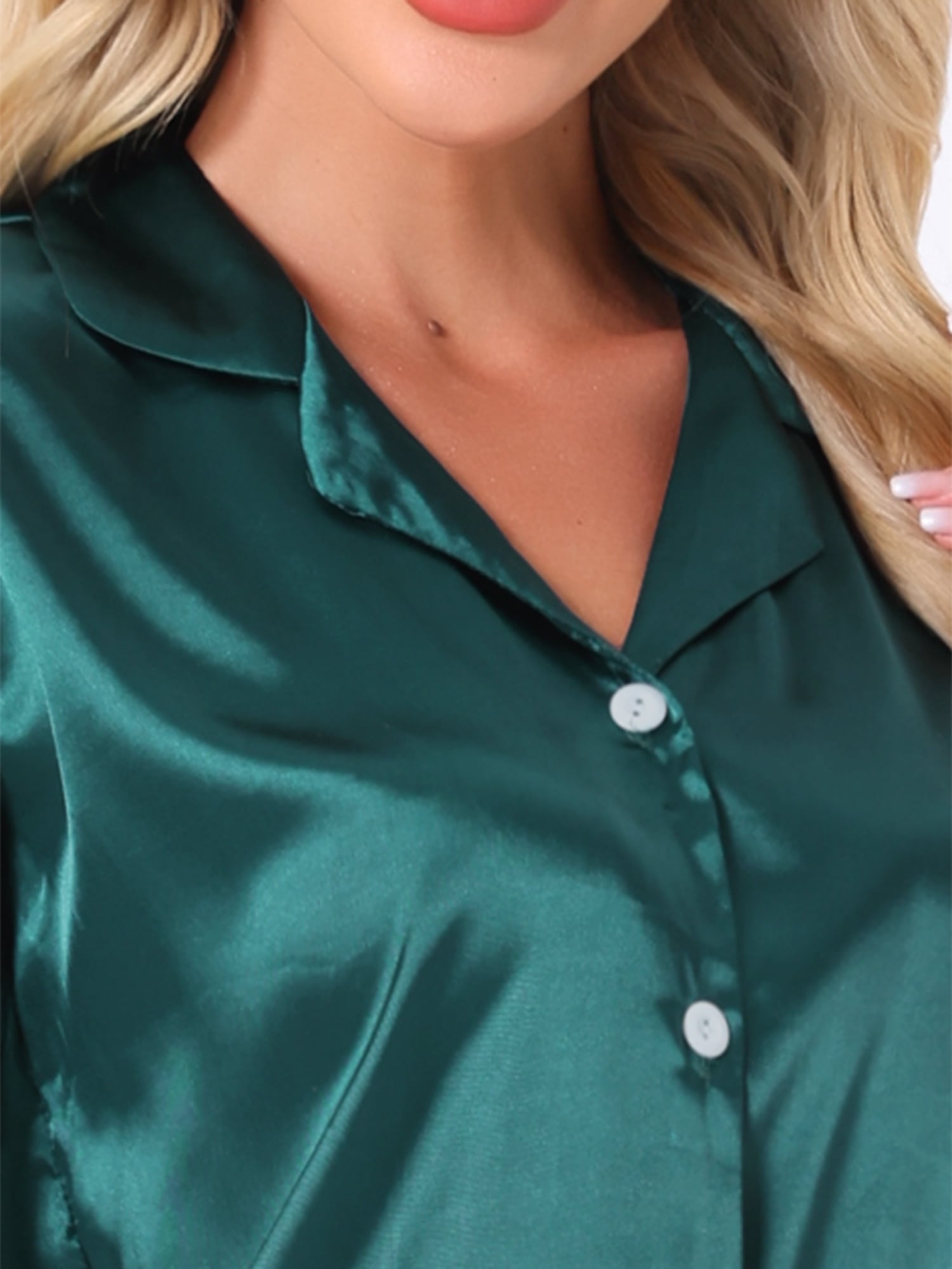 DARING DIVA Satin Silky Pajamas Button Down 2 Pieces Sleepwear L Green