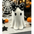 thumbnail image 4 of Halloween Ghost Figurine with Polka Dot Bow, Cute Spooky Ghost Statue Halloween Ornament, Tabletop Shelf Mantel Home Party Decoration, 4 of 5
