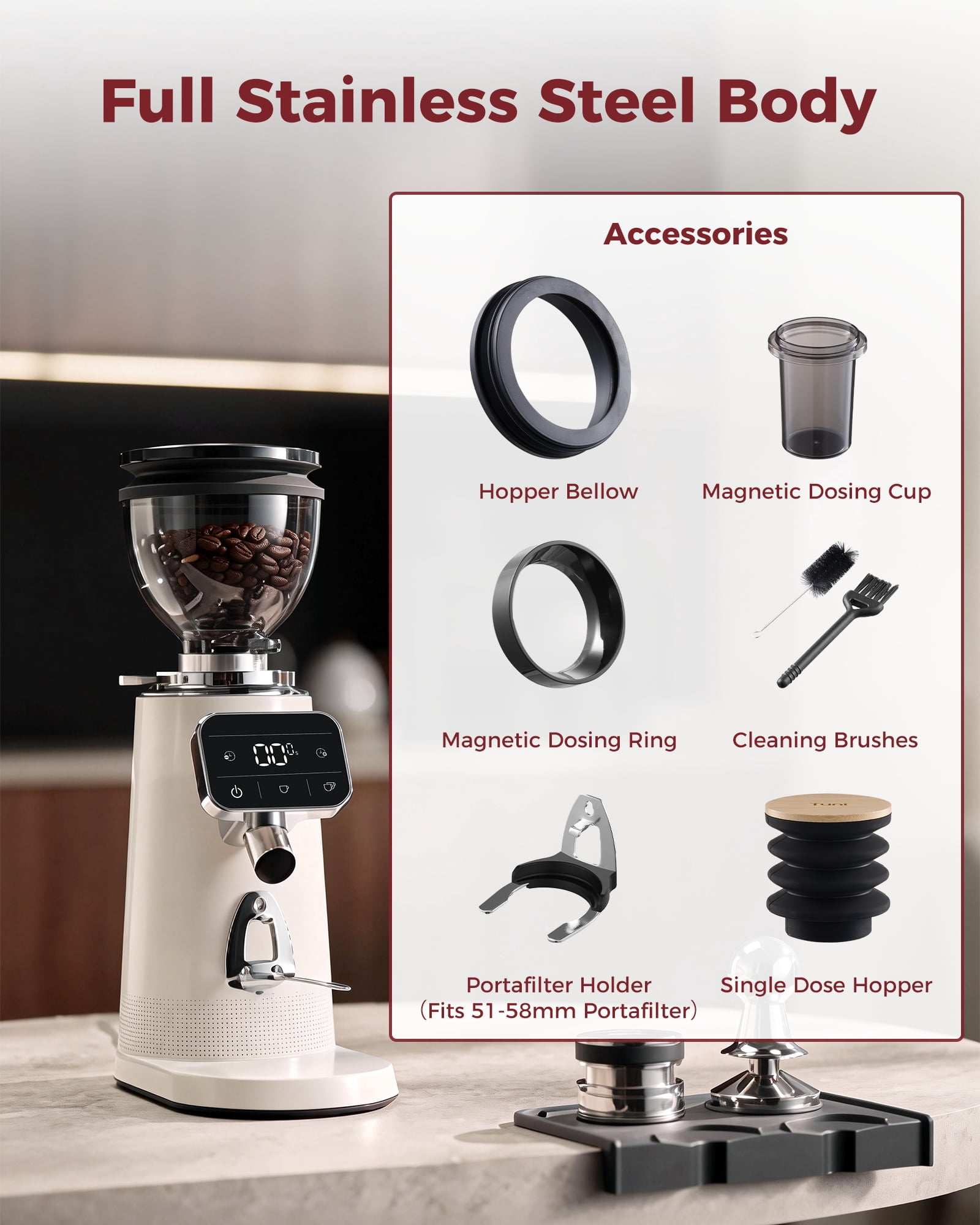 Tuni G3 64mm Flat Burr Coffee Grinder, 100 Grind Settings Electric Espresso Grinder with Single Dose Set | Commercial Grade Precision, Touchscreen | Anti-Static Tech | Stainless Steel (Ivory)