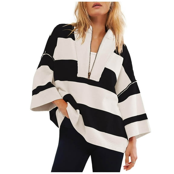 Qepwscx Women's Long Sleeve Tops V Neck T Shirts Zipper Solid/Color Block Collared Shirts Quarter-Zipper Top Stand Collar Sweatshirts Casual Ladies Pullover Shirts Tops Loose Fits