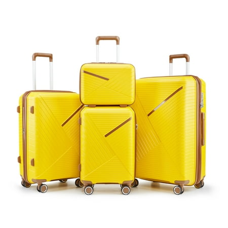 4 Piece Luggage Set, Expandable Lightweight Suitcase Set with 360° Double Spinner Wheels Integrated TSA Lock, Yellow (14/20/24/28)
