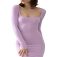 thumbnail image 3 of Women Long Bodycon Dress Solid Color Knitted Ribbed Square Neck Long Sleeve Dress Spring Fall Party Club Skinny Dress, 3 of 5