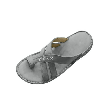 CHOII Clearance PU Leather Shoes for Womens Orthopedic Bunion Corrector Sandals Casual Summer Soft Ring Slides Flip Flops Open Toe Flat Comfortable Summer Flat Slippers Thong Sandals Light Brown/6