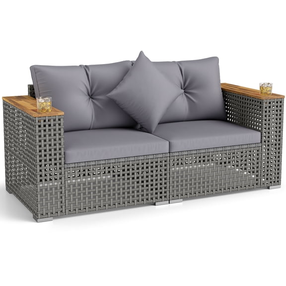 Gymax Set of 2 Patio Corner Sofa Set w/Thick Cushions Wide Acacia Wood Armrests for Garden Gray