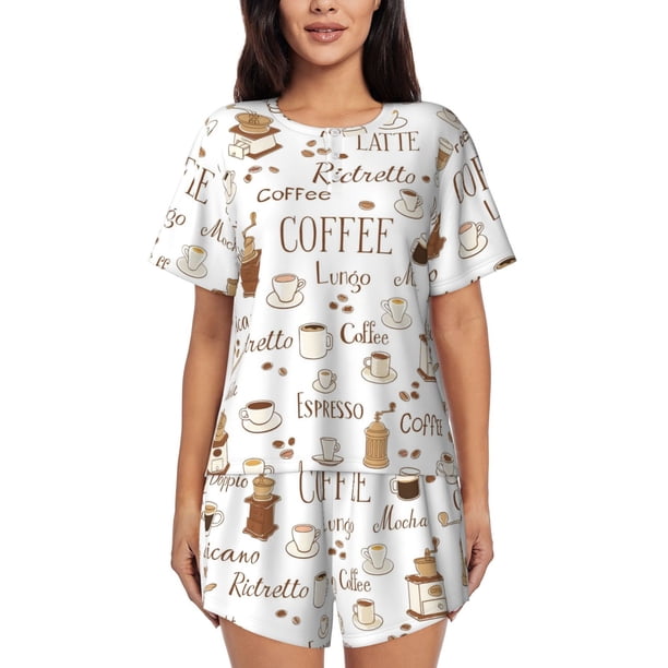 Balery Coffee Conjunto de Pijama para Mujer con Estampado, Dos Piezas de Manga Corta y Shorts, Ropa de Dormir Suave con Cuello Redondo y Bolsillos-Medium