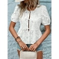thumbnail image 3 of Women'S Floral Embroidery Short Puff Sleeve Blouse Tie Front Babydoll Peplum Tops White S, 3 of 7