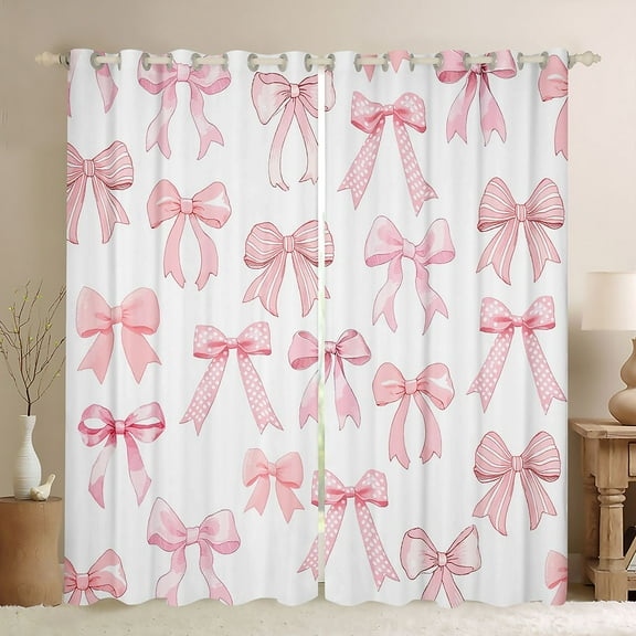 Homewish Kawaii Bowtie Ribbon Black Out Curtains,Polka Dots Bowknot Curtains Pack of 2 (42x63 Each),Pink White Bedroom Curtains For Girl Kids,Luxury Bedroom Decor