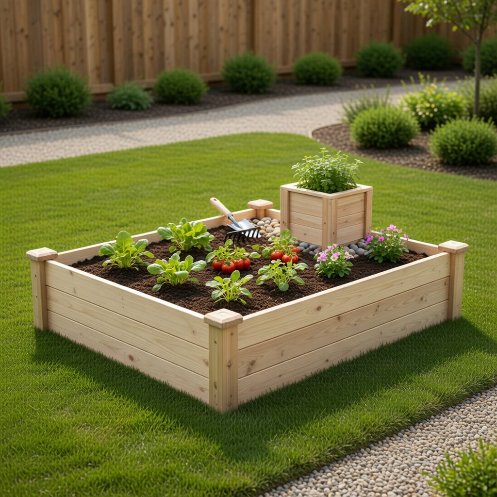 Topcobe 49" x 49" x 10" Raised Garden Bed with Compost Bin and Open-ended Bottom, Planters for Outdoor Plants, Raised Beds for Gardening, Natural