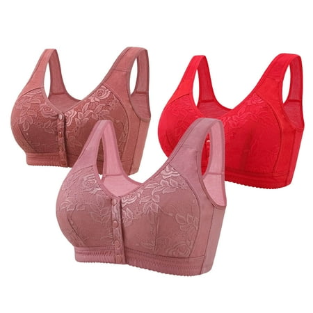 REORIAFEE No Underwire Bras for Women 3 Pack Front Closure Gathered Together Wirefree Bras Lace embroidery Brassiere Breathable Wide Strap Comfy Corset Underwear Classic Lingerie Red 38/85