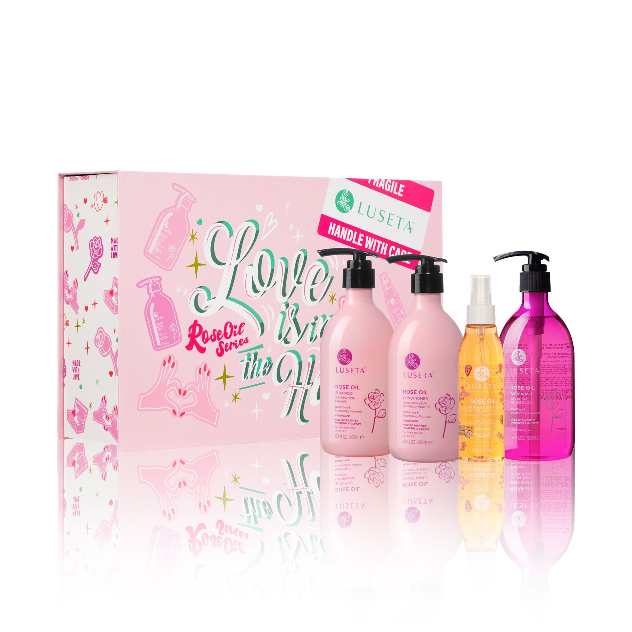 Luseta Rose Oil Complete Hair Care Set Shampoo + Conditioner + Body & Hair Oil + Body Wash for Fine & Dry Hair - Sulfate Free Paraben Free Color Safe