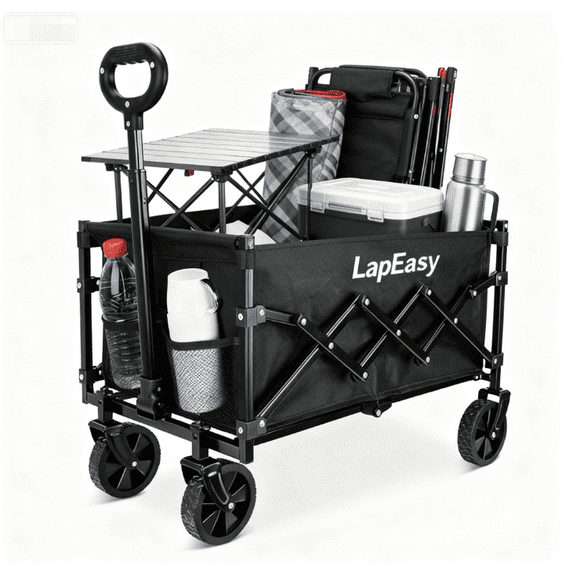 LapEasy Collapsible Wagon with Wheels, Black Foldable Wagon Cart with Flexible Handle for Grocery Sports Garden Camping