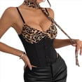 thumbnail image 1 of Top Corto con Cuello Halter y Estampado de Leopardo en Contraste para Mujer, Escote en V Profundo, de Botones, Sin Mangas y Espalda Abierta Negro S, 1 of 10