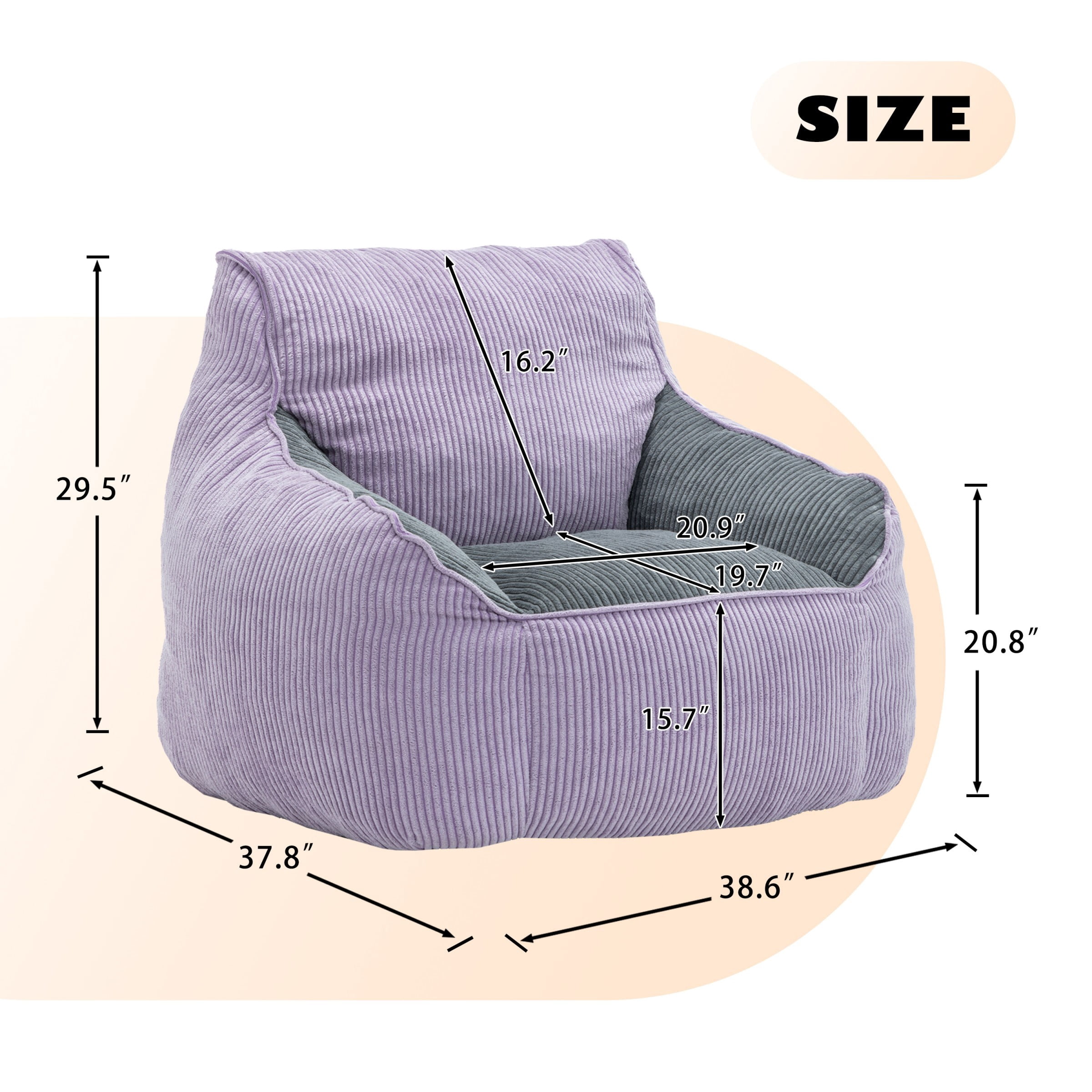 Giant Bean Bag Chair Sofa for Adults, Corduroy Bean Bag Couch with Armrests and Filler Included, Lazy Floor Chair for Living Room Bedroom, Purple