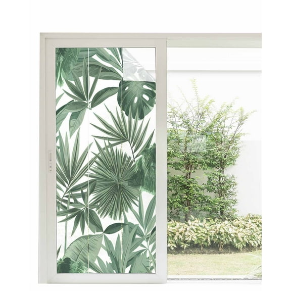 Window Privacy Film Green Palm Trees Stained Glass Window Film Decorative Sun Block Window Cover Summer Botanical Watercolor Leaves Window Clings Static Adhesive Sticker for Bathroom 35.4"x78.7"