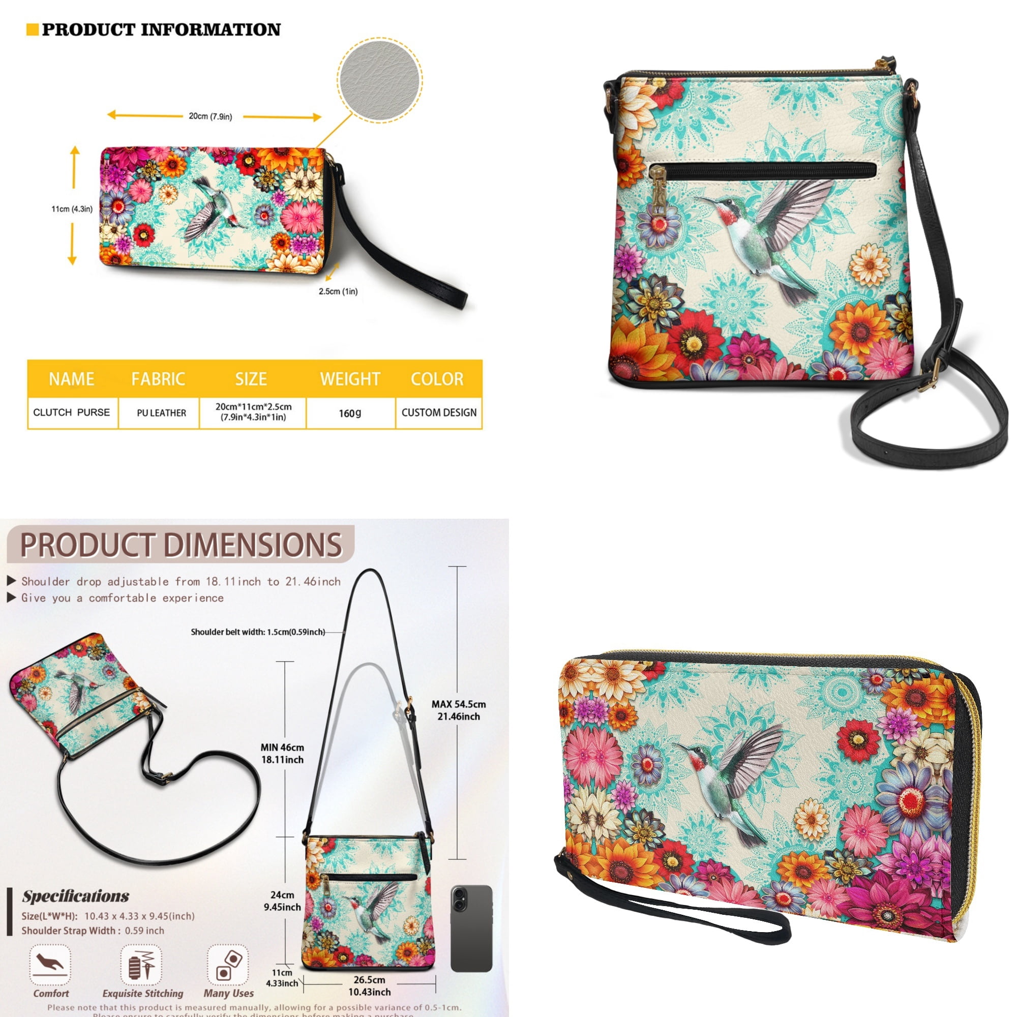 ZUXONGSY Boho Mandala Hummingbird Print Women's Multi-Pocket PU Leather Crossbody Hobo Purse & Wallet Set, Adjustable Strap, Ideal for Travel & Casual Outings