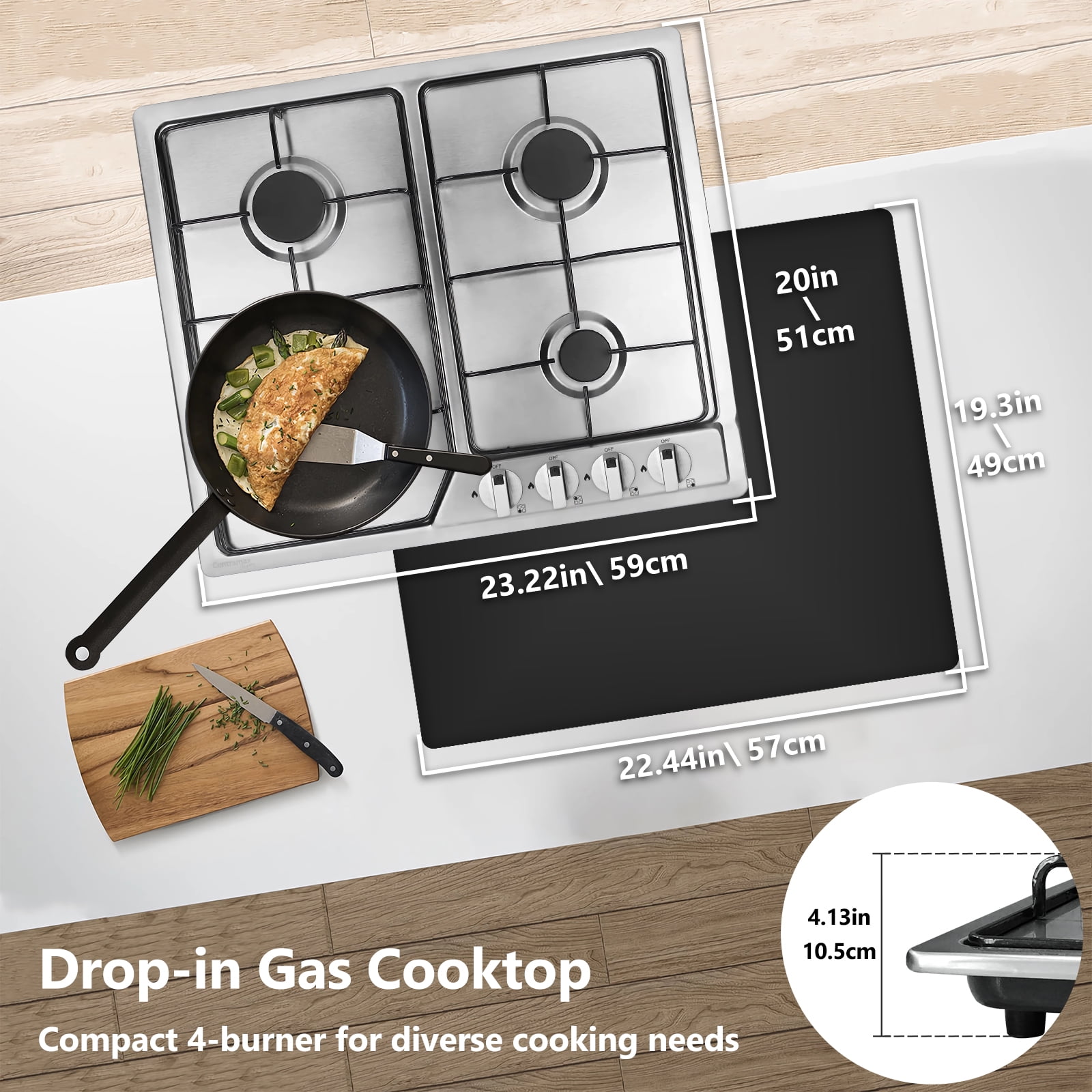 TYEMUI 24 inch Gas Cooktop, Stainless Steel Built-in 4 Burner Gas Stove, NG/LPG Convertible Propane Gas Hob with Electric Ignition for Apartment, Kitchen, RVs
