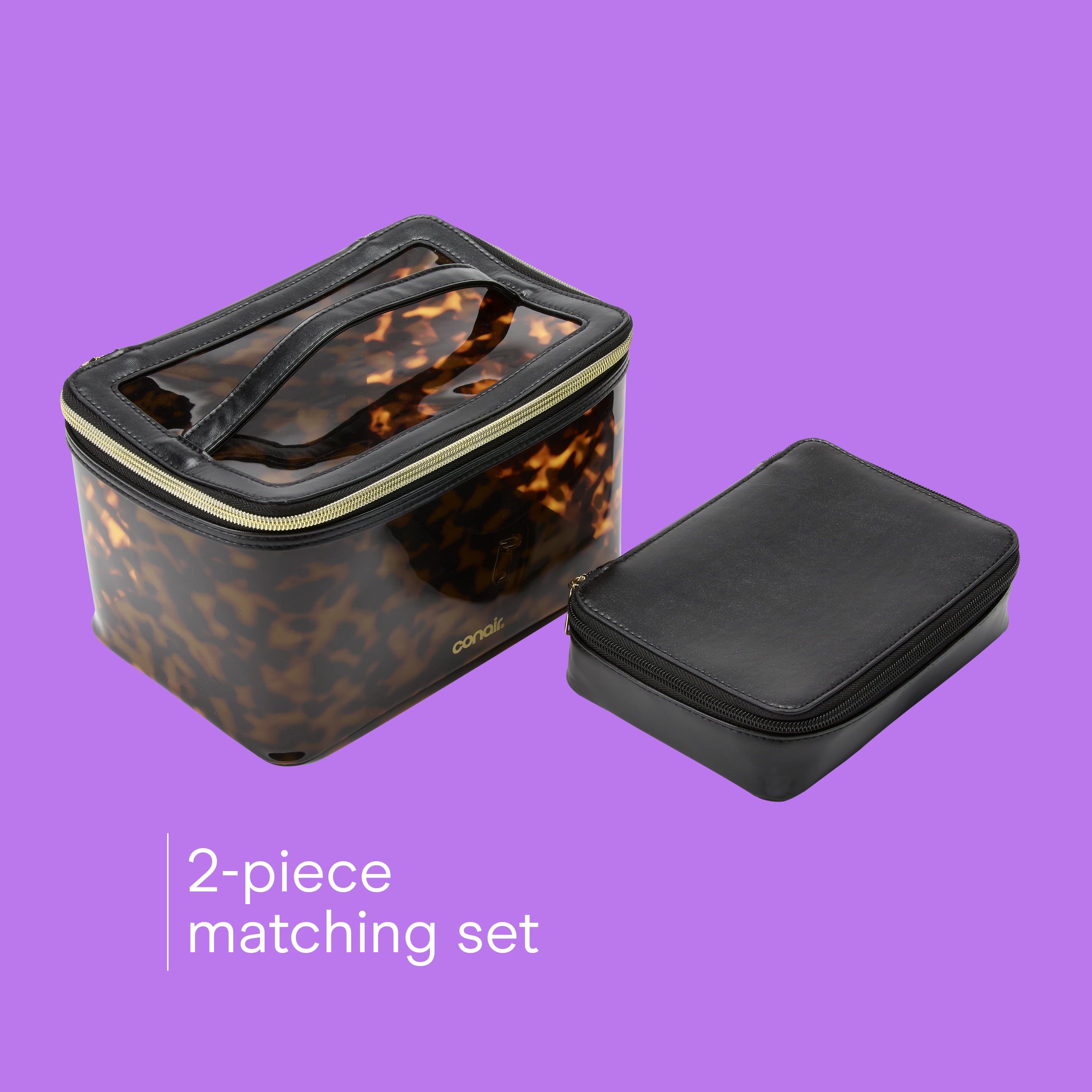 Conair Tortoise Train Case, Travel Makeup Bag with Faux Leather Pouch, 2-Piece Set
