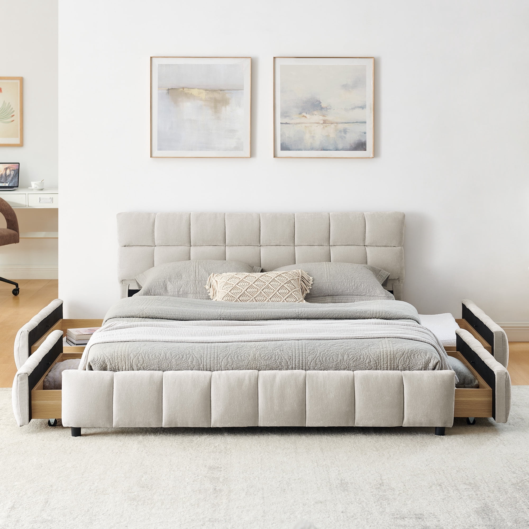 Jopath Queen Size Upholstered Bed ,Upholstered Bed Frame with Headboard and Drawer for Teen and Adult Beige