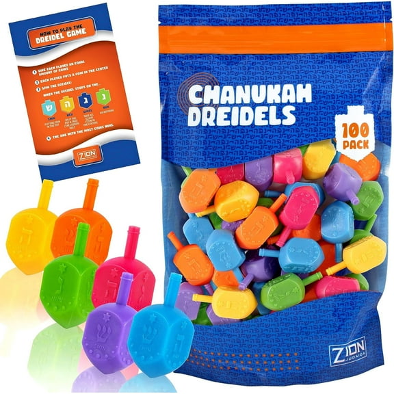 Zion Judaica Hanukkah Bulk Colorful Dreidels Hebrew & English Transliteration Plastic Driedels Bulk Pack Driedels Hanukah Game Spinning Tops Bright Color Chanukah Toy in Resealable Bag (100 Pack)