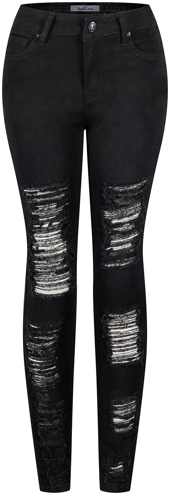 Women's Stretch Skinny Distressed Jeans – 5 Pocket Medium Blue Denim, Size 11