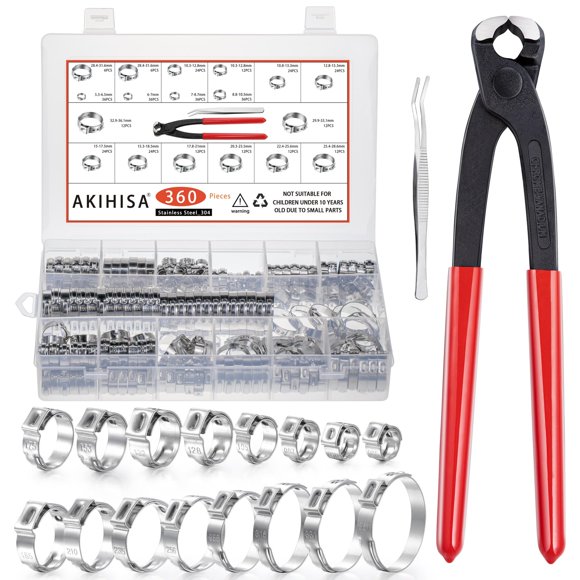 AKIHISA 360Pcs 16 Sizes Single Ear Hose Clamps, 5.3-36.1mm Stainless Steel_304 Crimp Hose Clamps Cinch Rings Assortment Kit for Automotive, Pipe, Plu