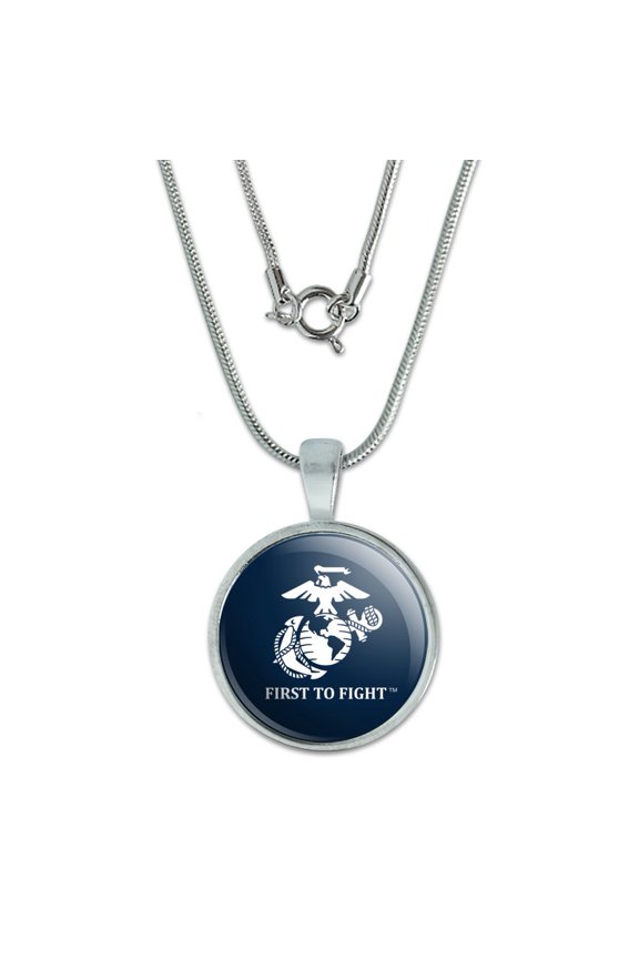 Marines USMC First to Fight Blue White Logo Officially Licensed 0.75" Pendant with Sterling Silver Plated Chain